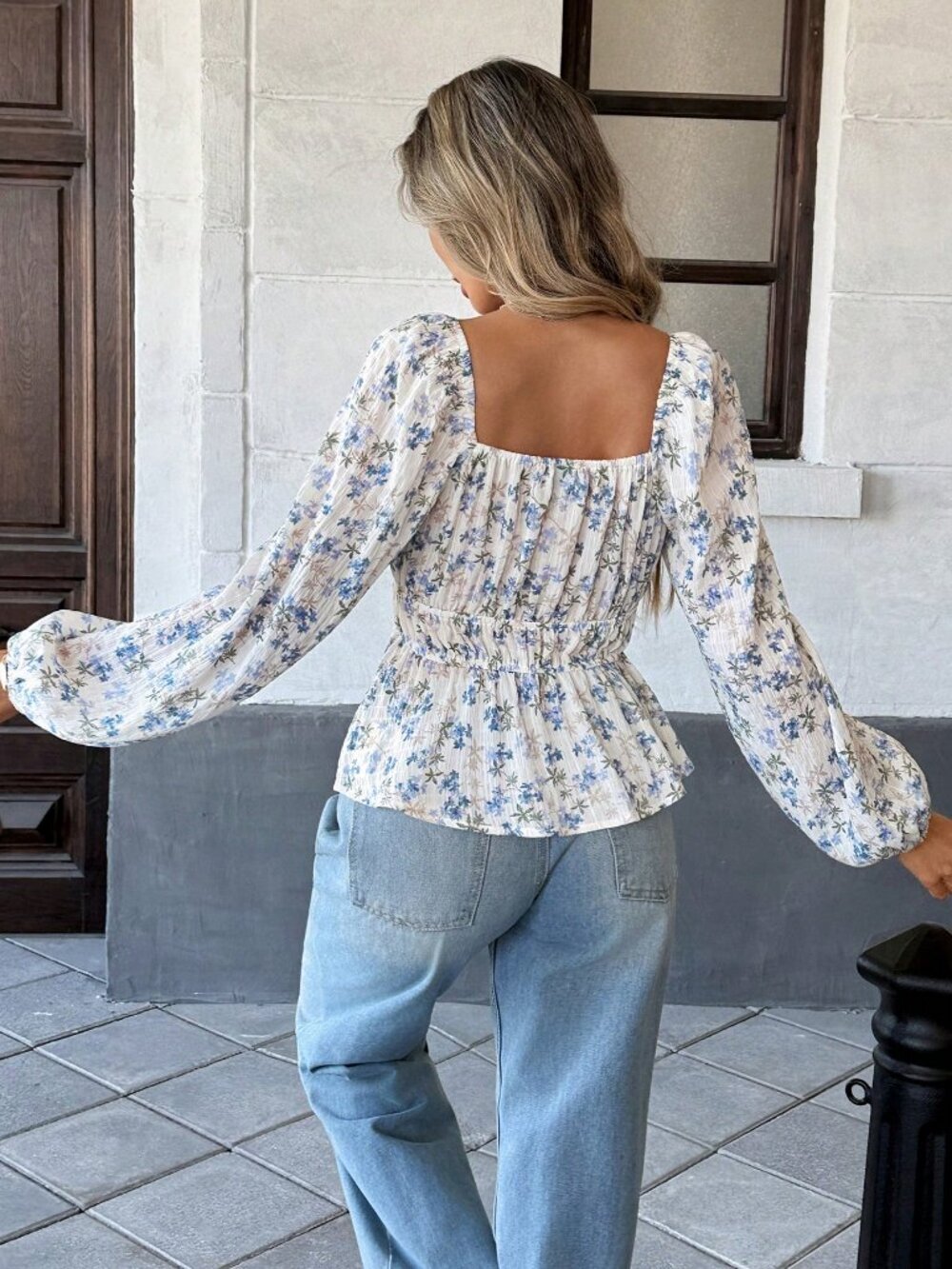 Floral Womens Sweetheart Neckline Cinched Waist Shirred Tie-Up Blouse - Picture 2 of 8